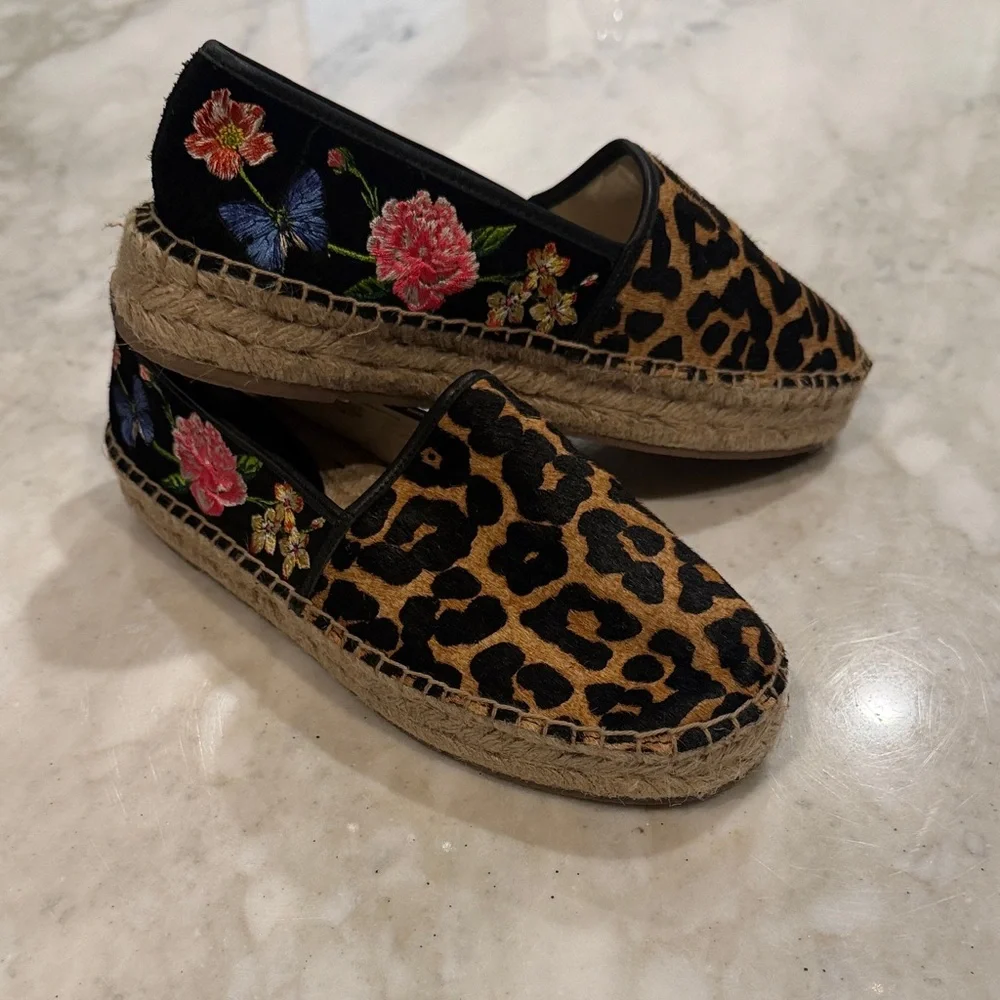 Leopard cowhide Espadrille Slip-On with Floral Embroidery - Brown/Black